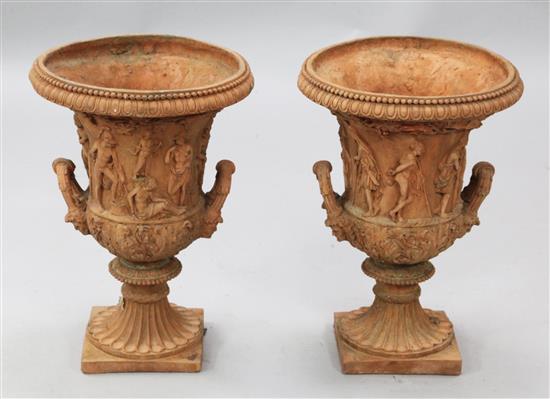 A pair of Victorian terracotta campana urns, H.1ft 8in. Diam.1ft 2in.